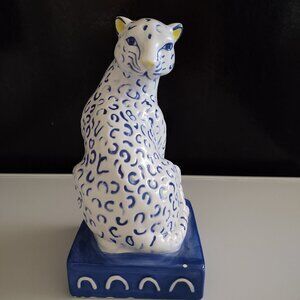 BLUE WHITE SPOTTED CERAMIC LEOPARD PANTHER CHEETAH BOOKEND REPLACEMENT ART DECO